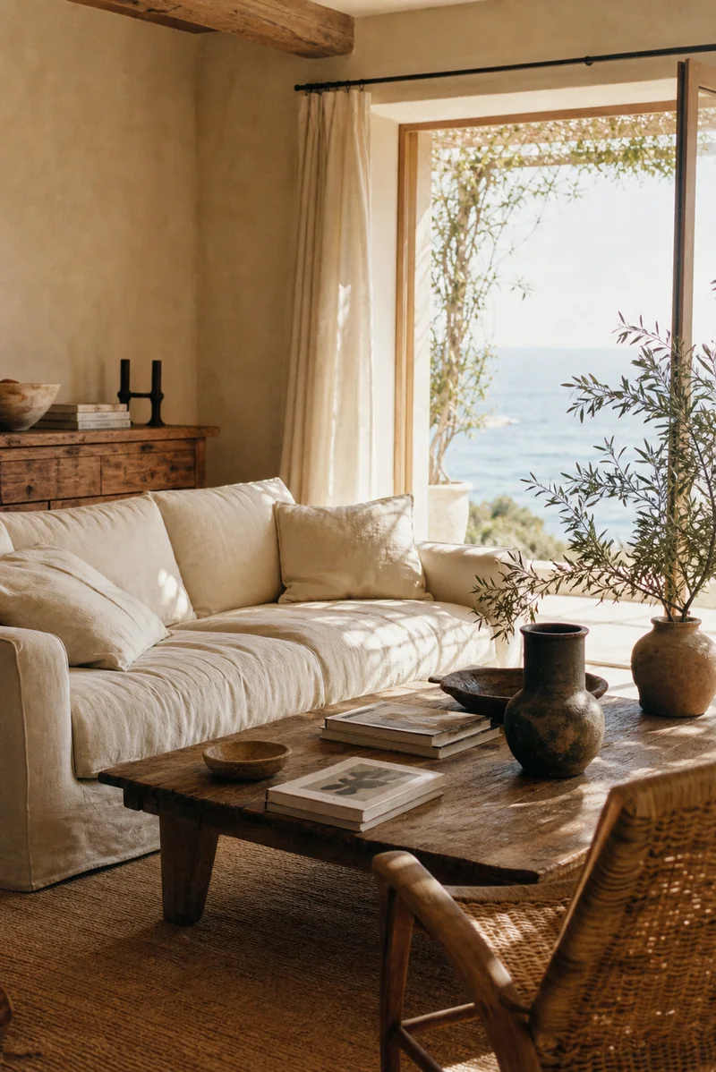 Innenraumstudie Villa Mare mit Leinensofa, Holz und Blick zur Terrasse