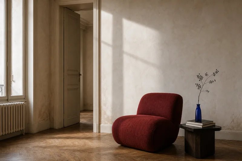 Farbstudie mit oxblood-rotem Sessel und kobaltblauer Vase in einem Pariser Altbau